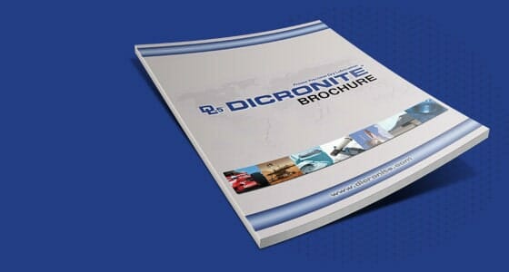 A single dicronite brochure against a blue background